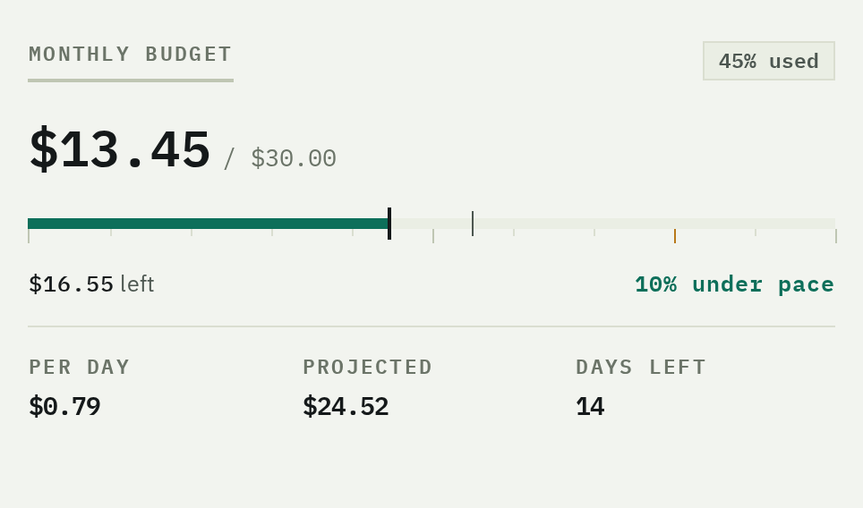 Monthly budget ruler showing spend against the expected pace for today